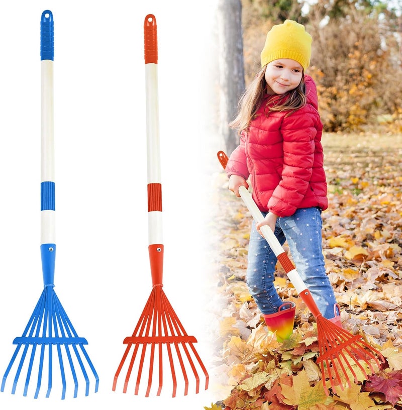 Fantang 2PCS Kids Rakes for Leaves, 28" Child Size Garden Yard Rake Childrens Lawn Rake Toddler Leaf Rakes Blue Red Metal Head with Detachable Hardwood Handle Great Gardening Tools for Boy Girl - Image 1